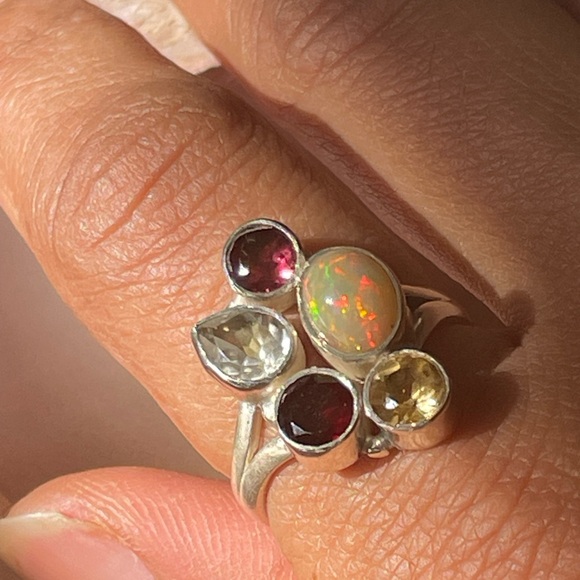 925 silver and natural Opal multi gemstone ring Adjustable Ring!! OS “VIBES” - Picture 12 of 16
